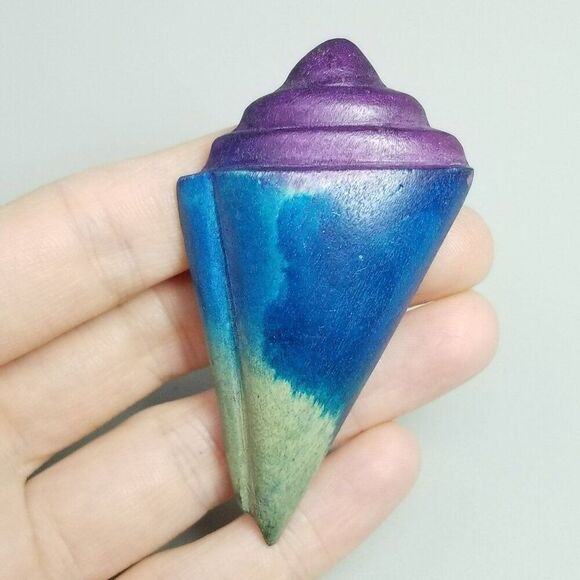 Vintage Purple Blue Painted Wood Carved Seashell Shape Brooch, Unique Lapel Pin - Picture 1 of 8